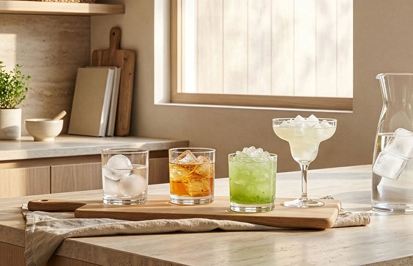 La variedad de tipos de hielo de LG se muestra en cinco vasos sobre una tabla de madera sobre una brillante encimera de cocina con una configuración limpia y minimalista.